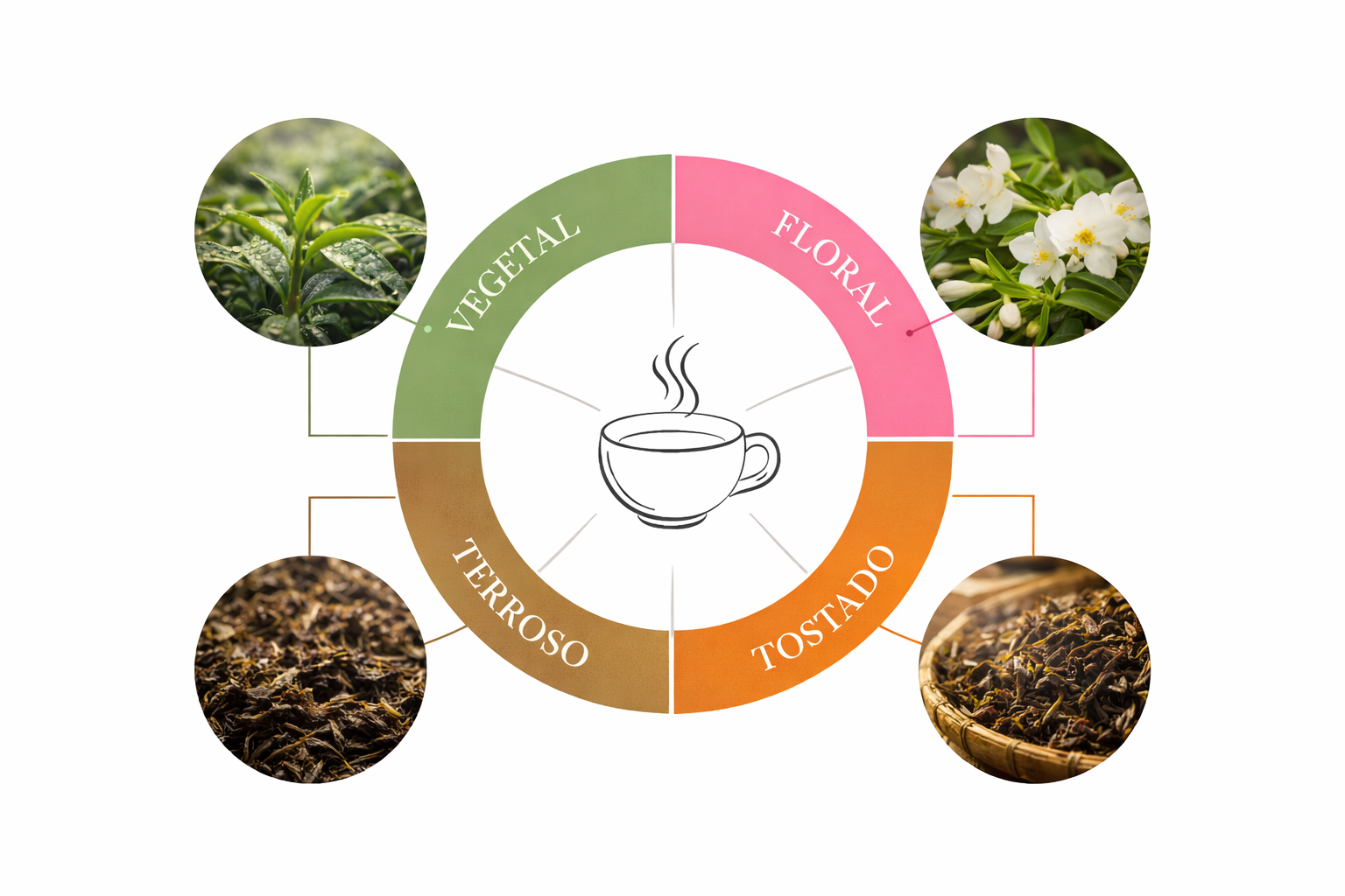 Mapa sensorial del té por procesos: vegetal, floral, tostado, terroso
