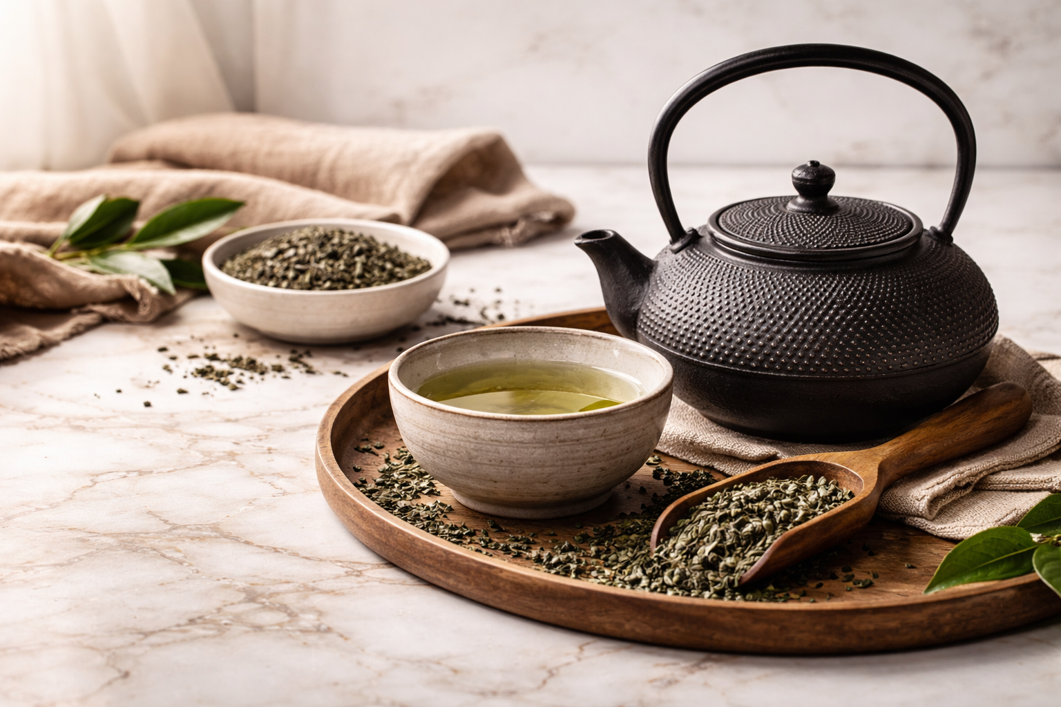 té verde premium en hoja, perfil vegetal y fresco