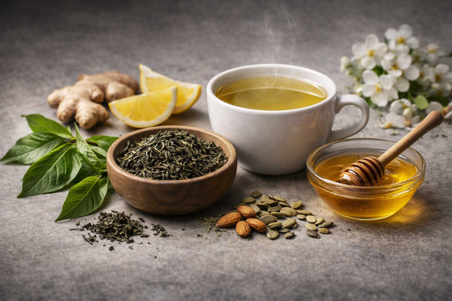 Taza de té verde con hojas secas y fondo limpio de estilo editorial