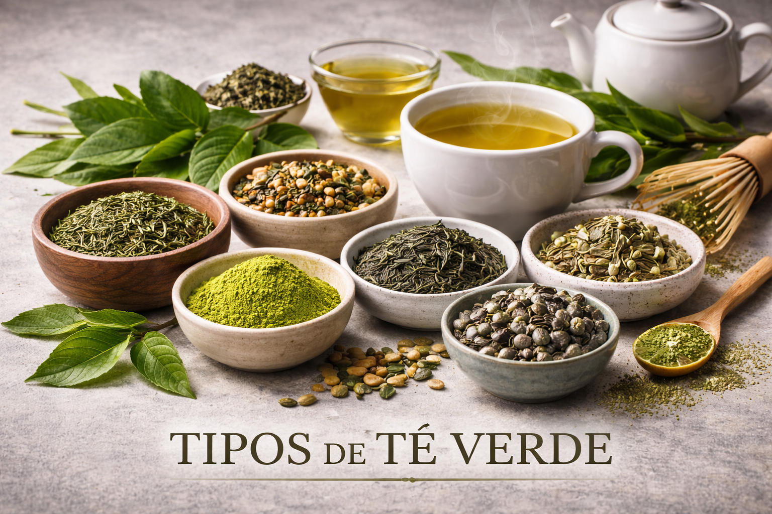 Diferentes estilos de hoja de té verde sobre fondo limpio