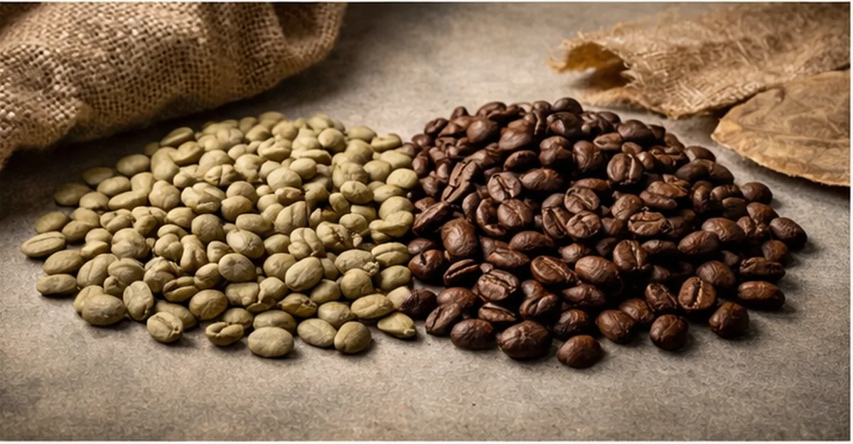 Café de especialidad en grano verde y tostado en composición editorial premium